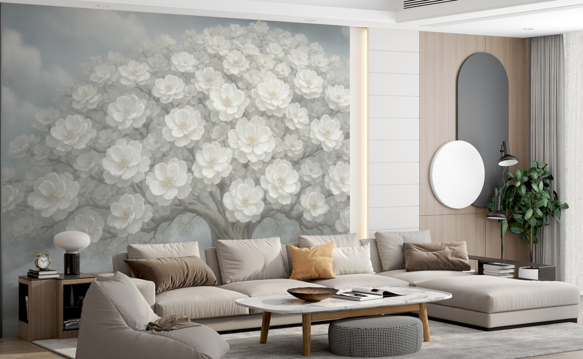 Fototapeta Wielkie drzewo w kwiatach z niebem w tle.