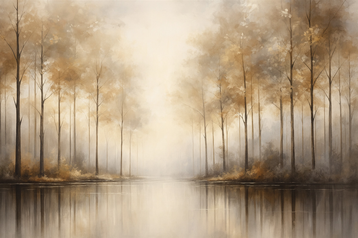 Fototapeta Mgliście otoczony las nad stawem.