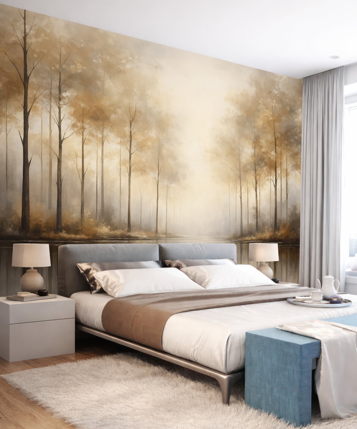 Fototapeta Mgliście otoczony las nad stawem.