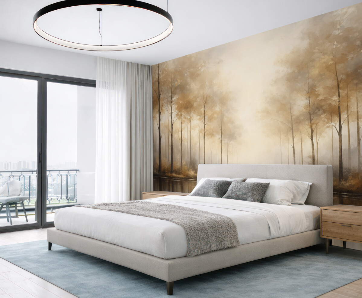 Fototapeta Mgliście otoczony las nad stawem.