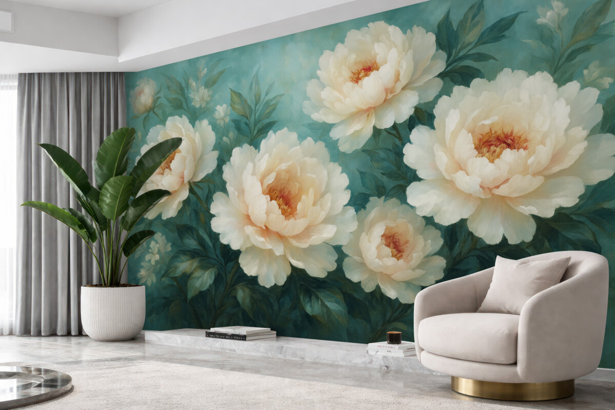 Fototapeta wielkie kwiaty soczystych piwonii na niebieskim tle