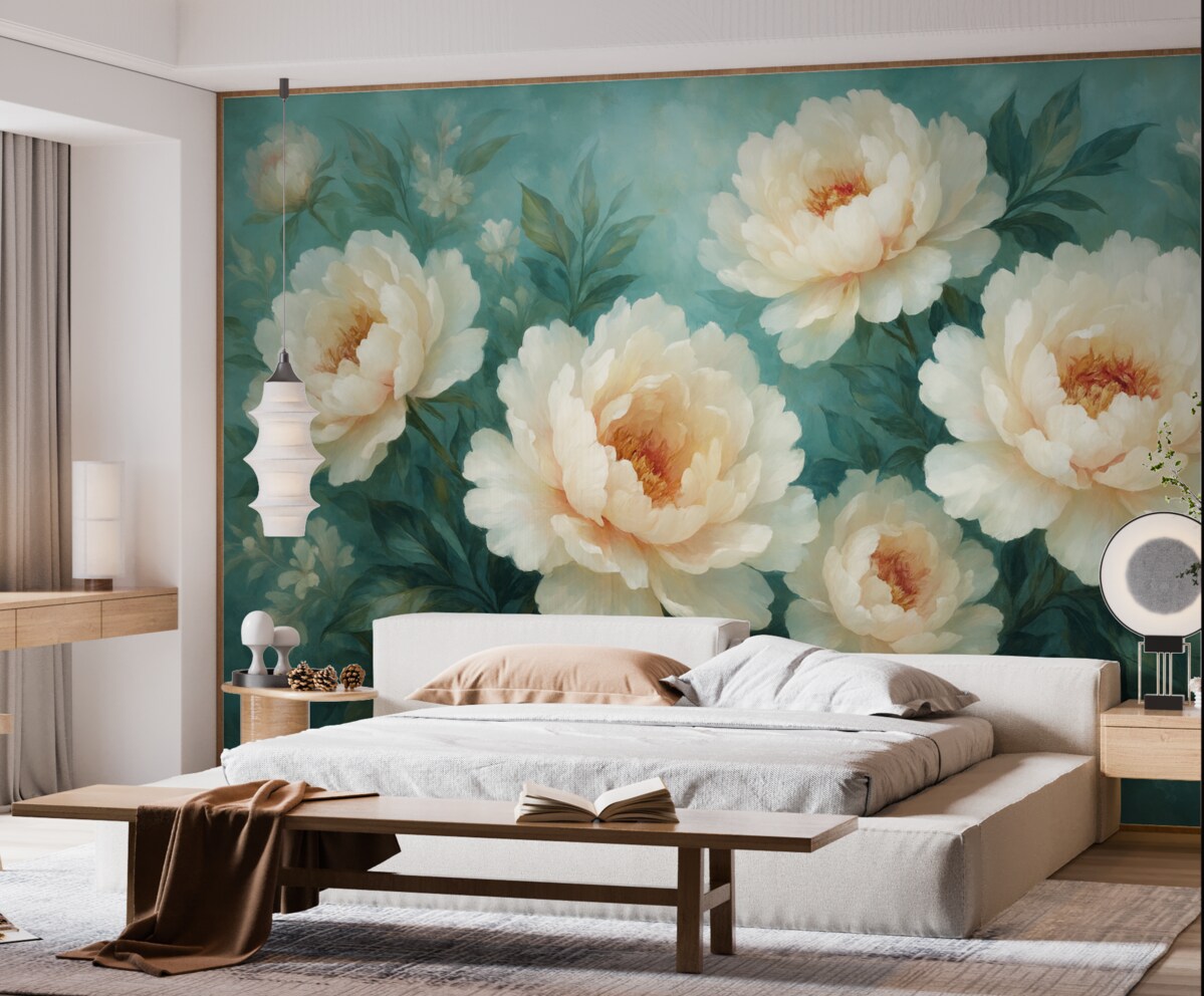 Fototapeta wielkie kwiaty soczystych piwonii na niebieskim tle