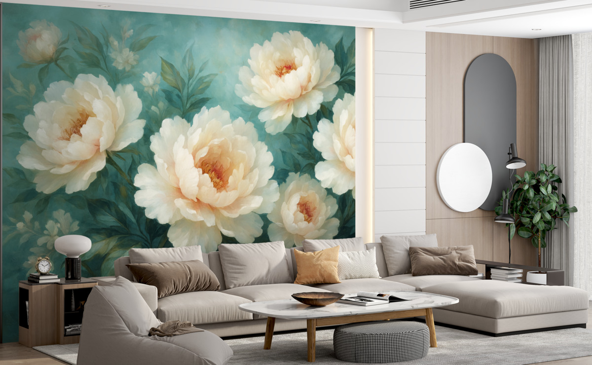 Fototapeta wielkie kwiaty soczystych piwonii na niebieskim tle