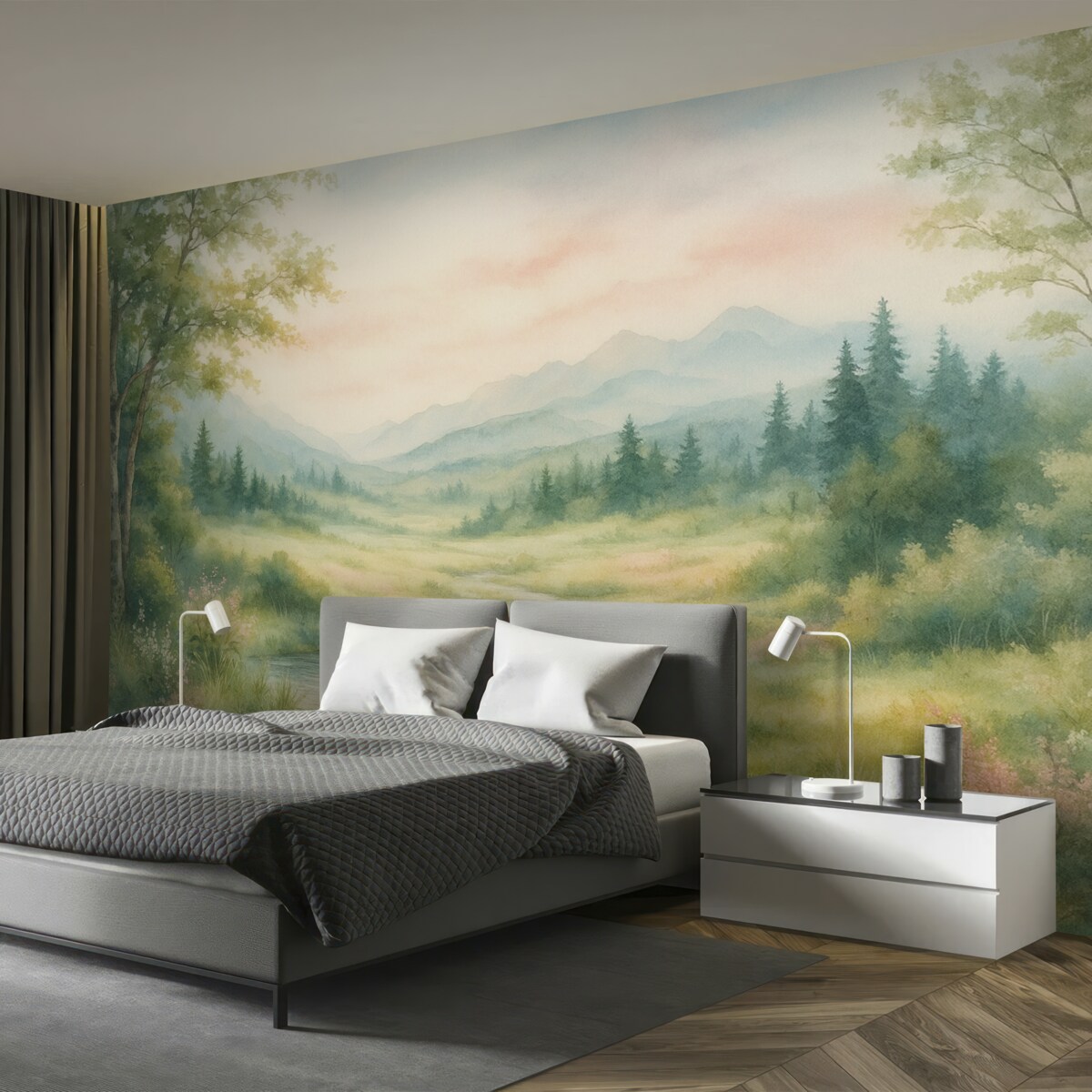 Fototapeta Akwarelowy widok z ścieżką i szczytami górskimi.