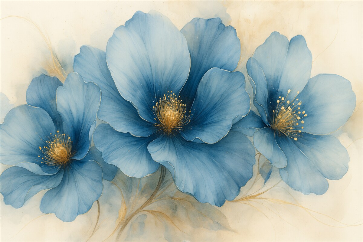 Fototapeta Marzycielski obraz kwiatowy z dużymi, subtelnymi niebieskimi kwiatami.