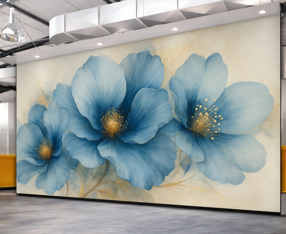 Fototapeta Marzycielski obraz kwiatowy z dużymi, subtelnymi niebieskimi kwiatami.