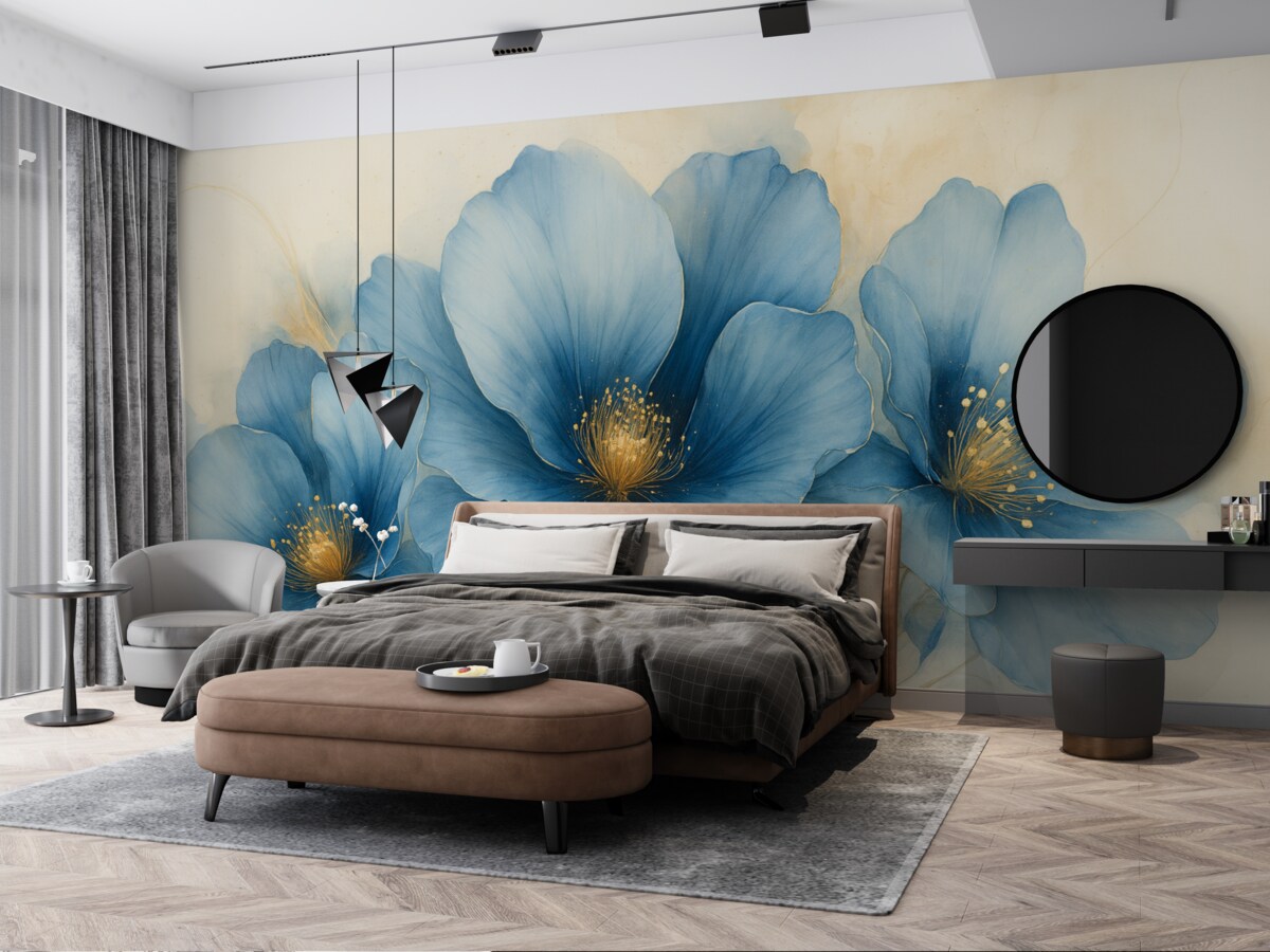 Fototapeta Marzycielski obraz kwiatowy z dużymi, subtelnymi niebieskimi kwiatami.