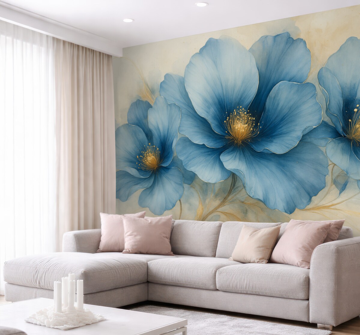 Fototapeta Marzycielski obraz kwiatowy z dużymi, subtelnymi niebieskimi kwiatami.