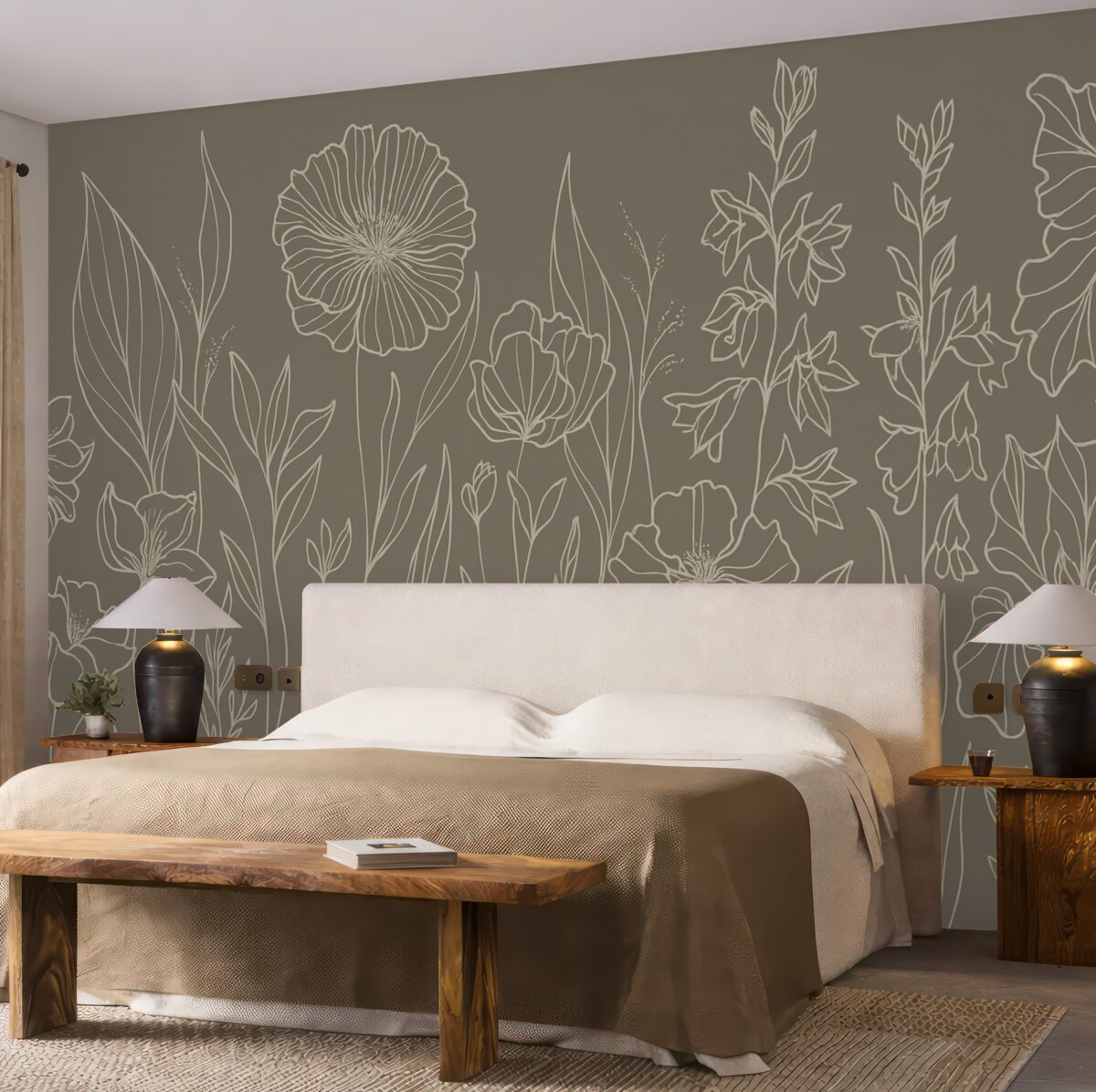 Fototapeta Stylowe kwiatowe wzory na oliwkowym tle.