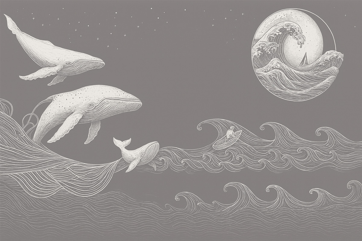 Fototapeta Wieloryby oraz fale w minimalistycznej grafice wektorowej.