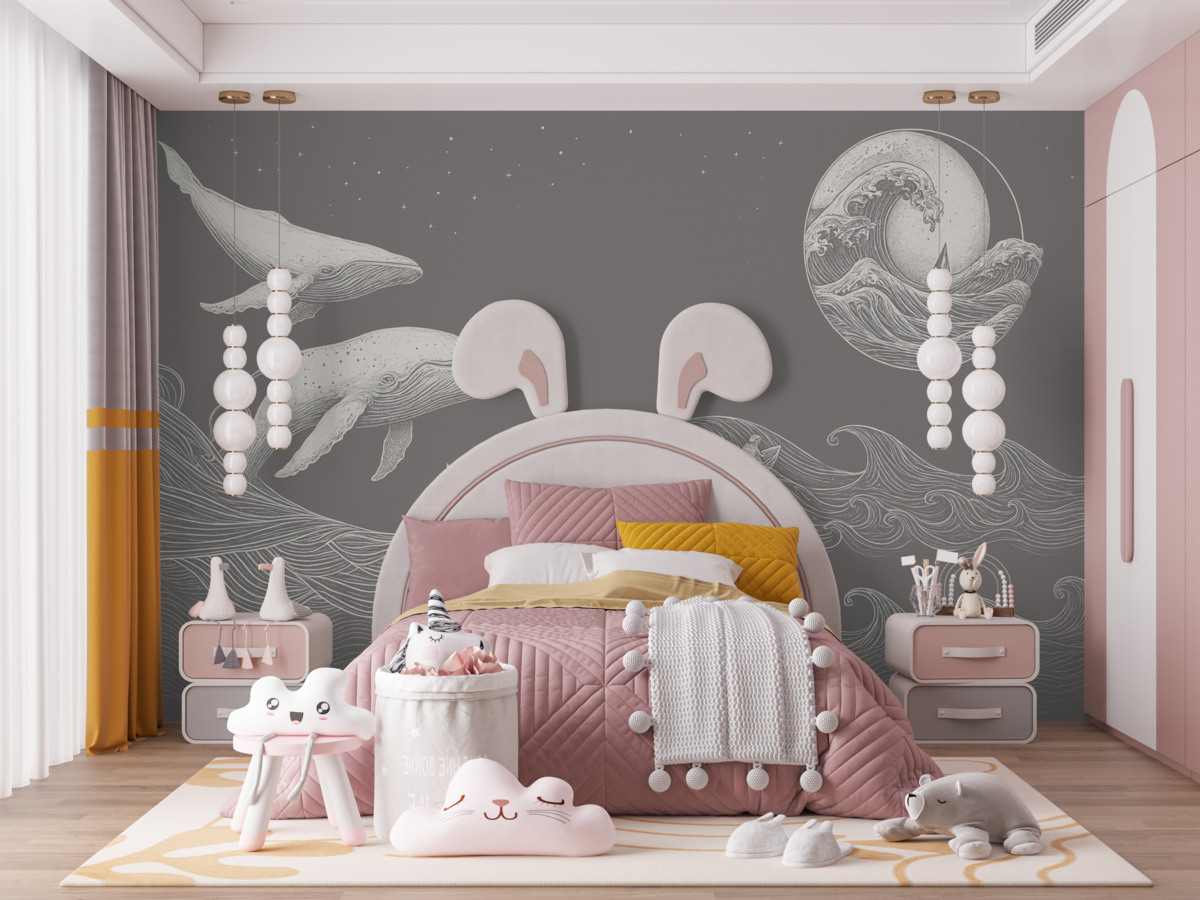 Fototapeta Wieloryby oraz fale w minimalistycznej grafice wektorowej.