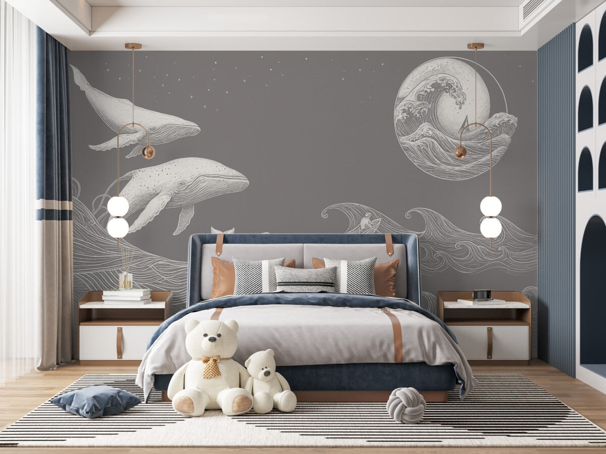 Fototapeta Wieloryby oraz fale w minimalistycznej grafice wektorowej.