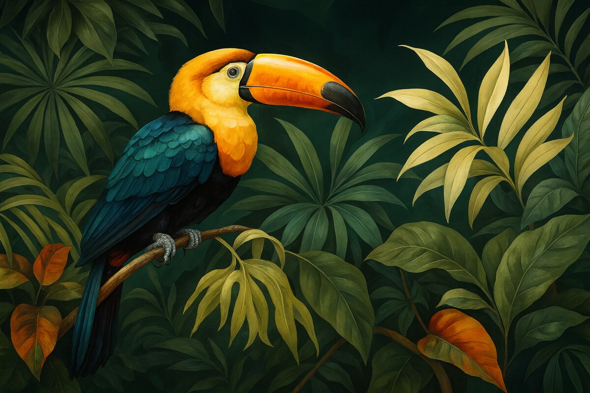 Fototapeta Tropikalny krajobraz z kolorowym tukanem siedzącym na konarze, otoczonym gęstymi liśćmi o dużych kształtach w intensywnych tonacjach zieleni i żółci.