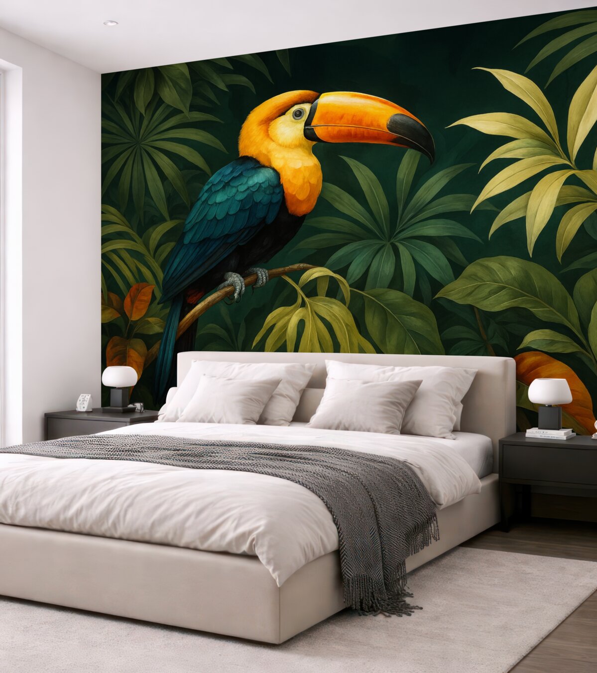 Fototapeta Tropikalny krajobraz z kolorowym tukanem siedzącym na konarze, otoczonym gęstymi liśćmi o dużych kształtach w intensywnych tonacjach zieleni i żółci.