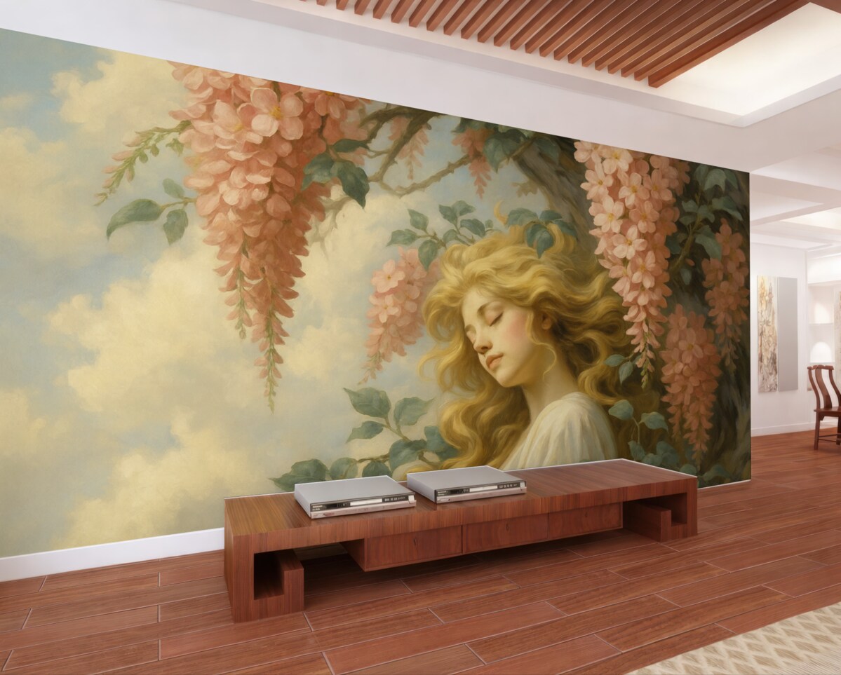 Fototapeta Abstrakcyjny obraz dziewczyny przy drzewie z kwiatami.