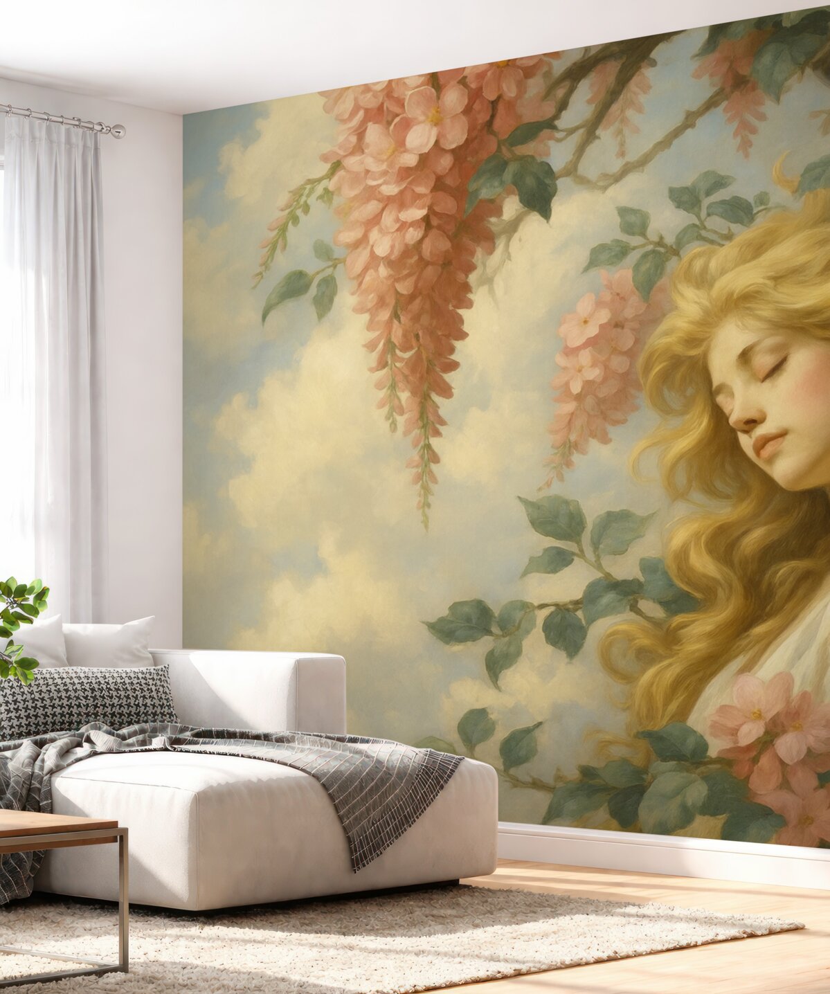 Fototapeta Abstrakcyjny obraz dziewczyny przy drzewie z kwiatami.