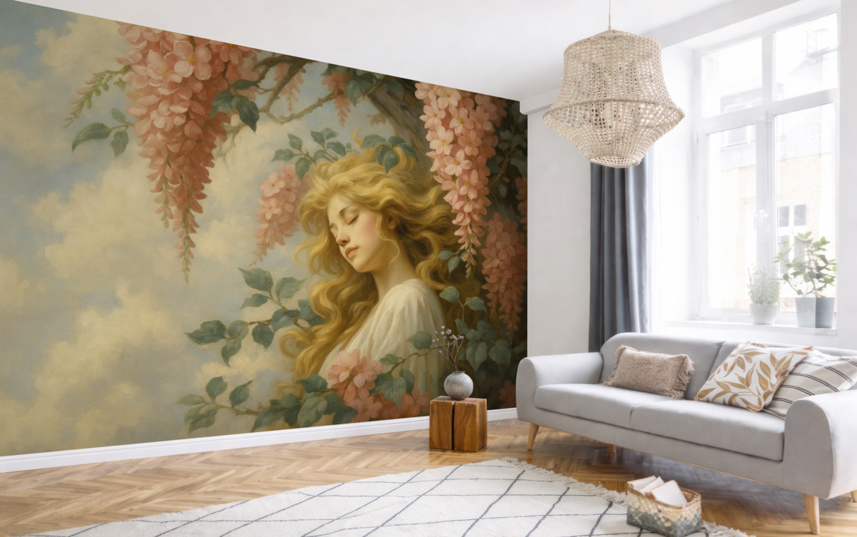 Fototapeta Abstrakcyjny obraz dziewczyny przy drzewie z kwiatami.