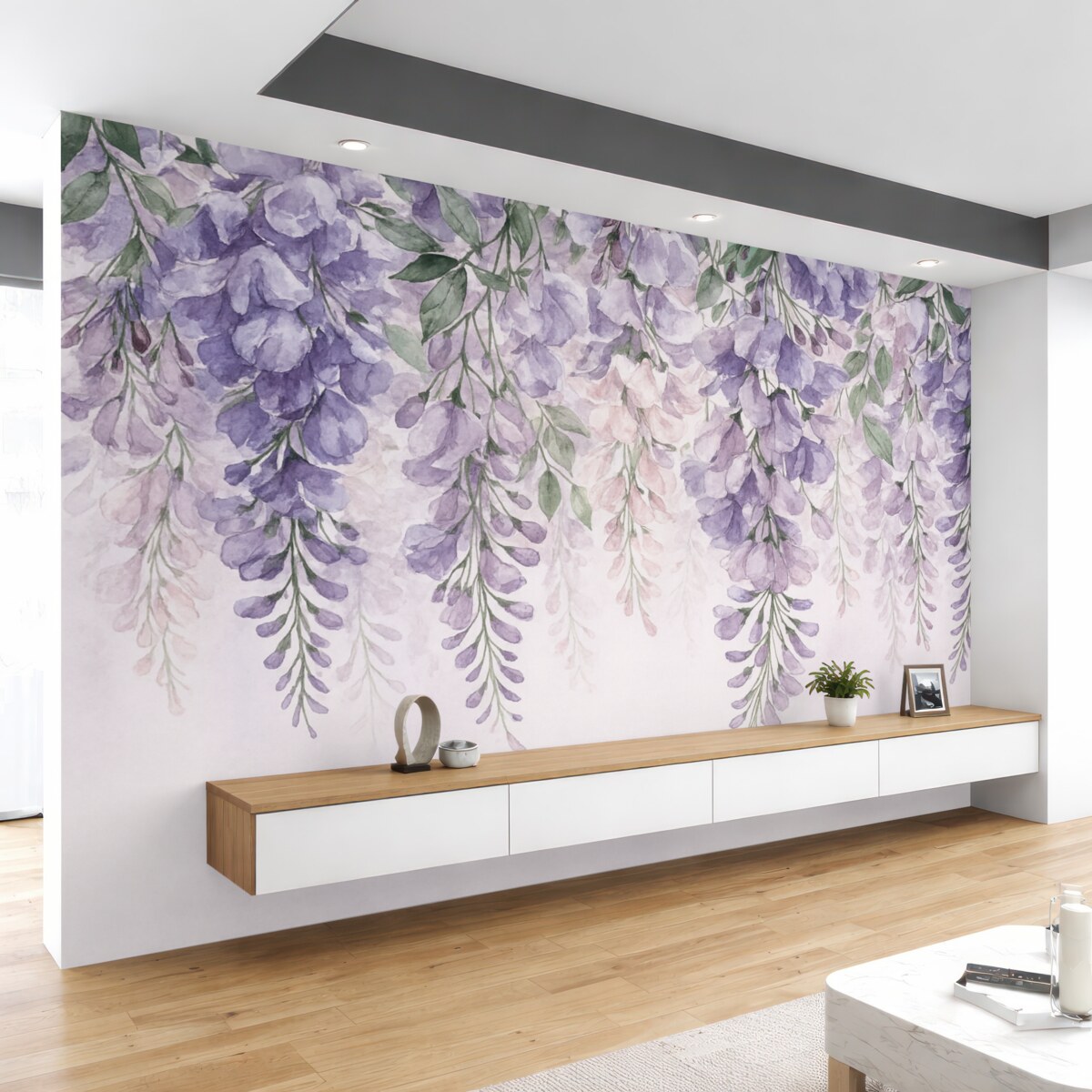 Fototapeta Fioletowe kwiaty opadają z góry.