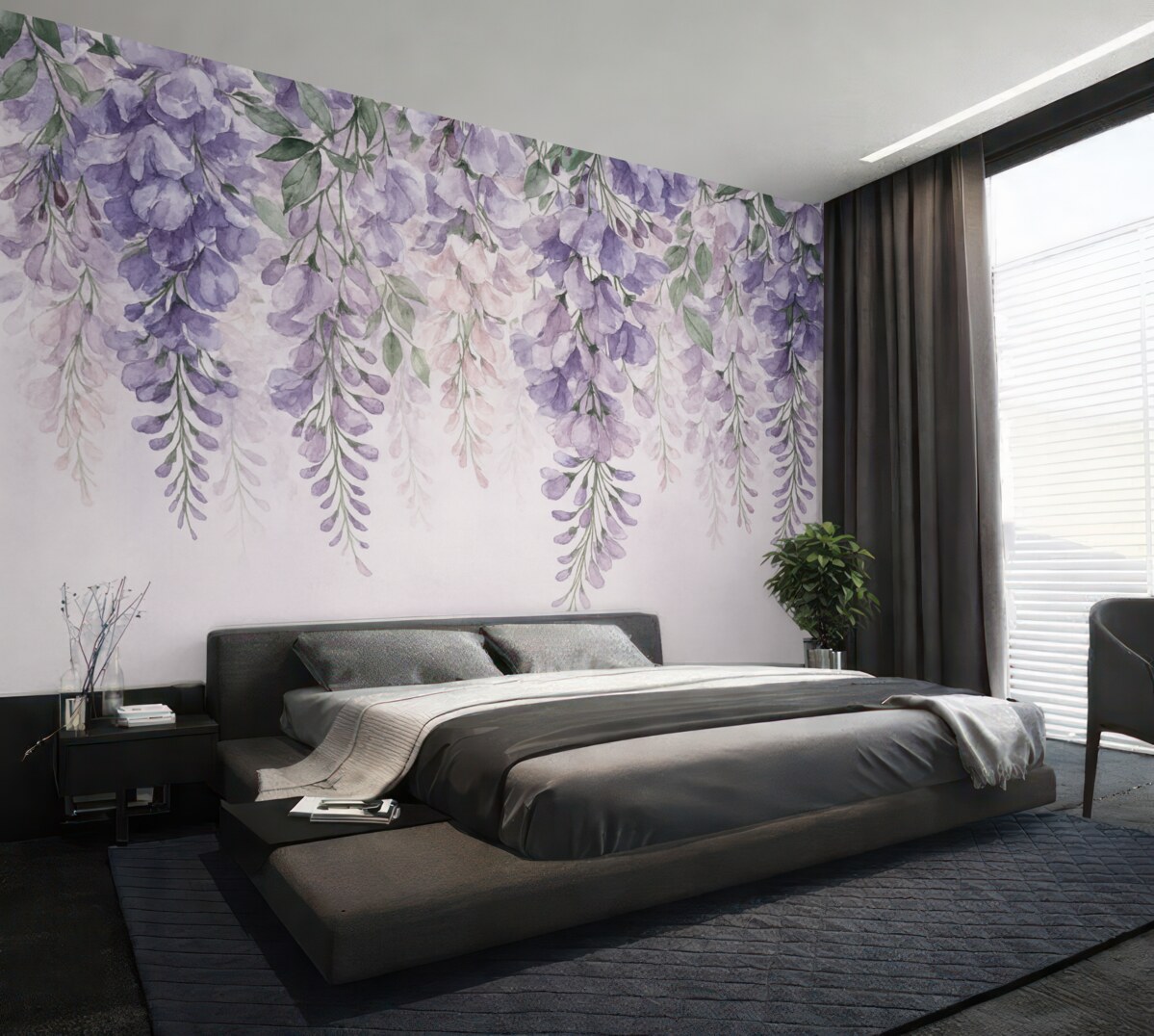 Fototapeta Fioletowe kwiaty opadają z góry.