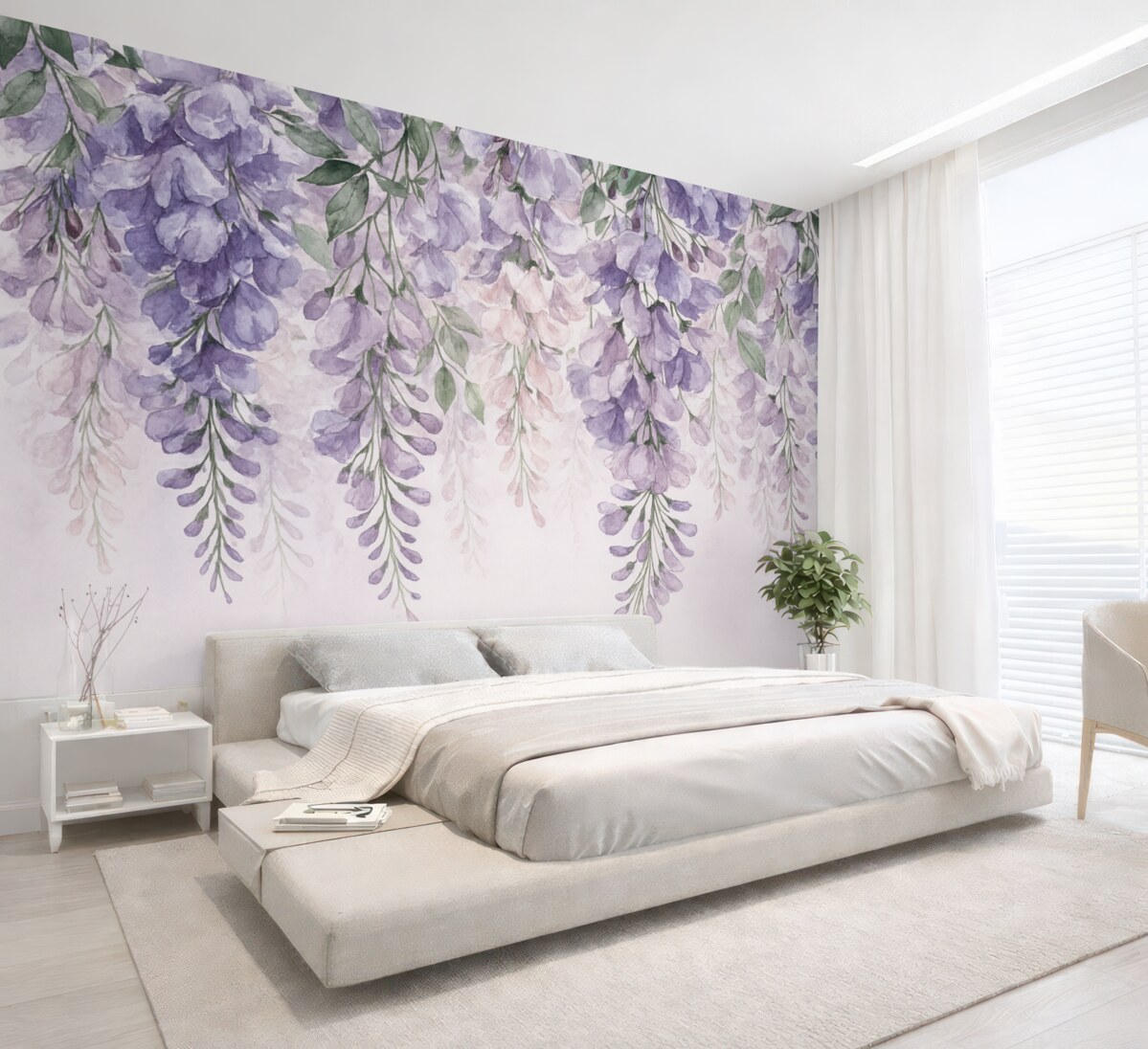 Fototapeta Fioletowe kwiaty opadają z góry.