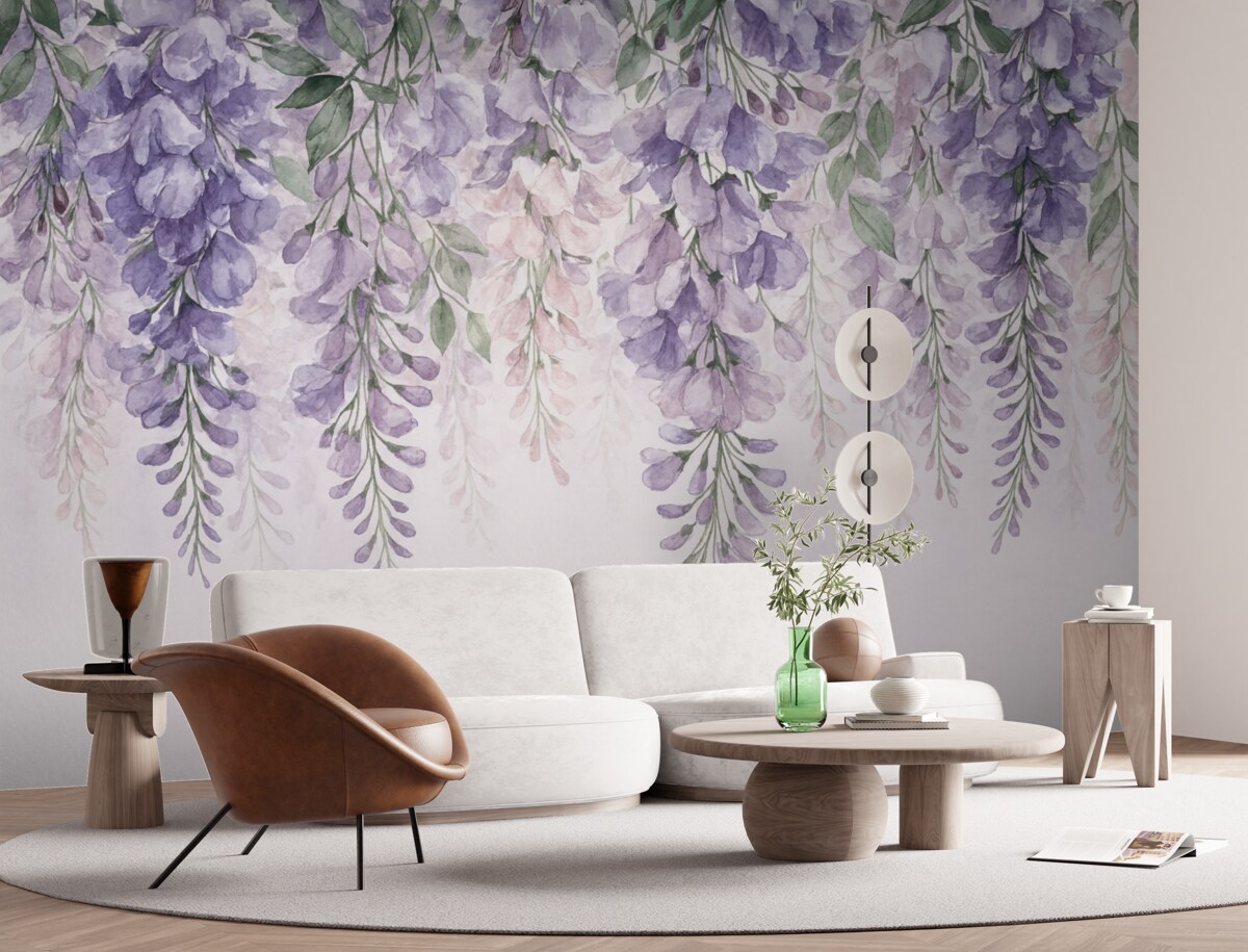 Fototapeta Fioletowe kwiaty opadają z góry.