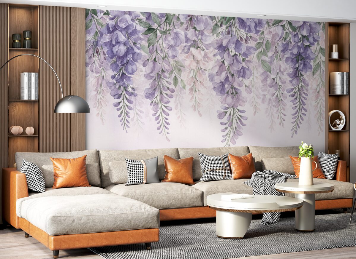 Fototapeta Fioletowe kwiaty opadają z góry.