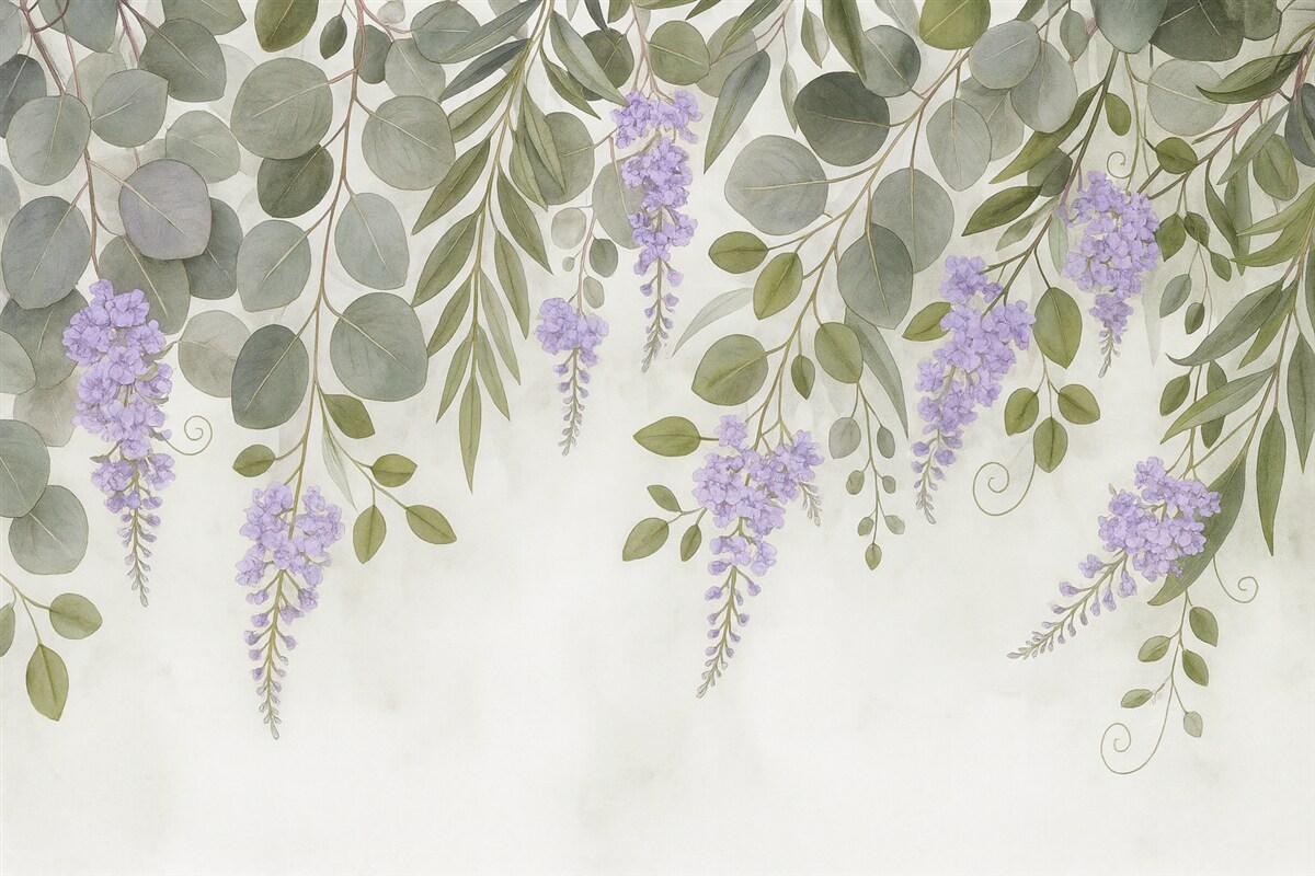 Fototapeta zielone liście oraz fioletowe kwiaty opadające z góry