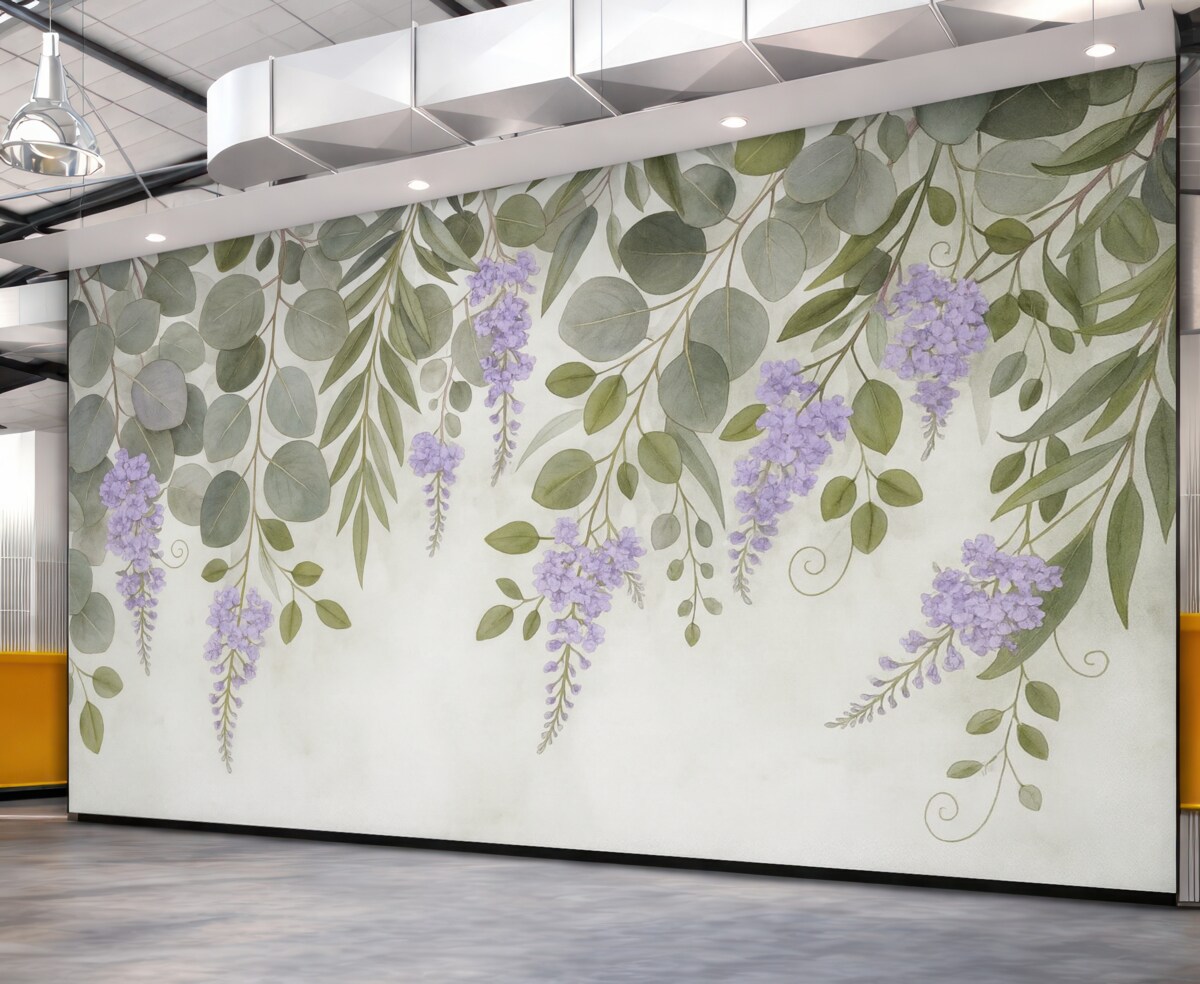 Fototapeta zielone liście oraz fioletowe kwiaty opadające z góry