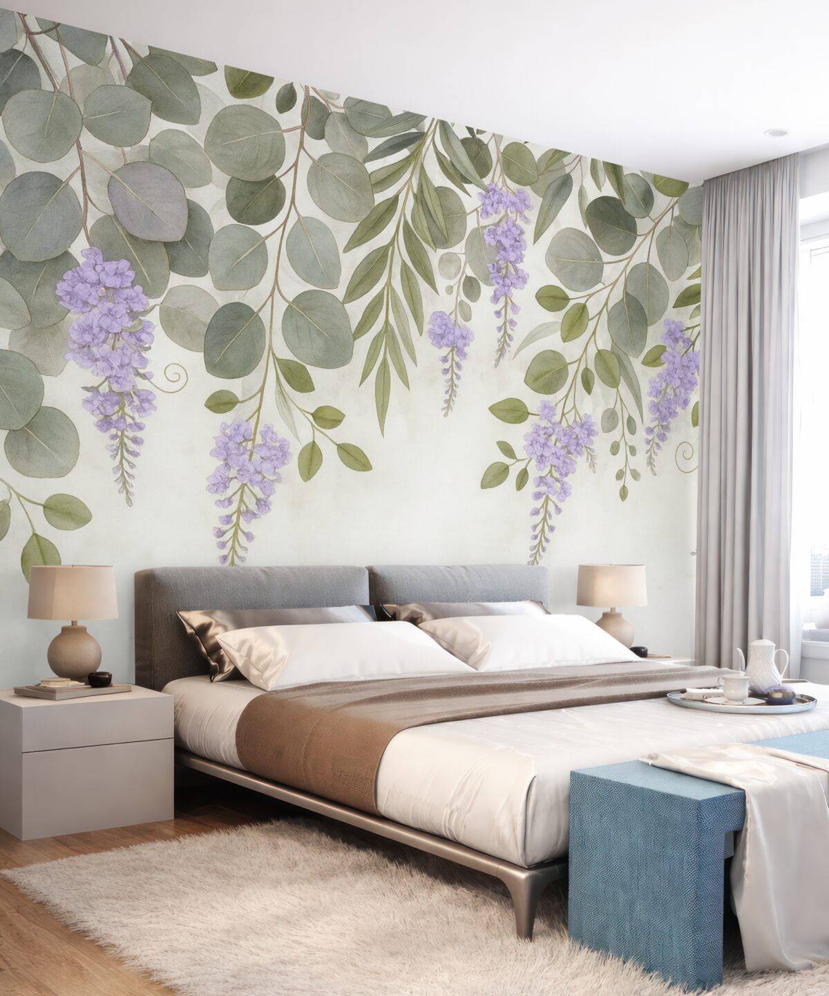 Fototapeta zielone liście oraz fioletowe kwiaty opadające z góry