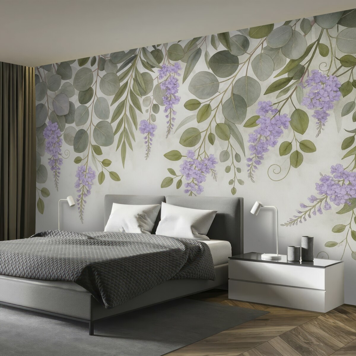 Fototapeta zielone liście oraz fioletowe kwiaty opadające z góry