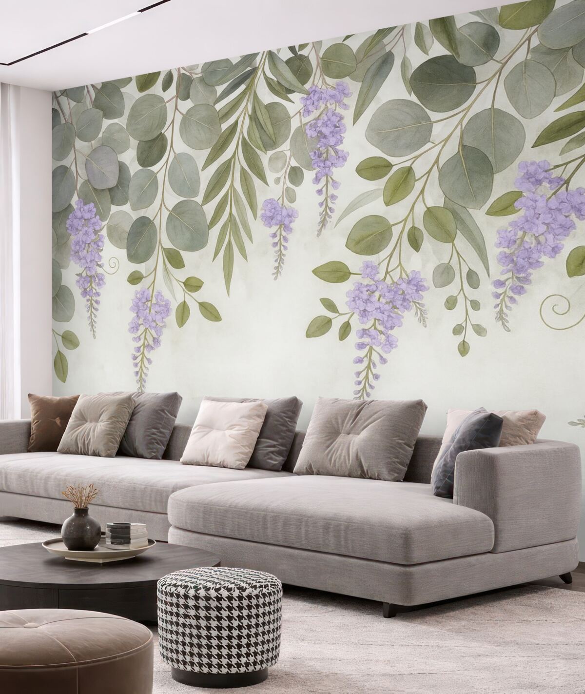 Fototapeta zielone liście oraz fioletowe kwiaty opadające z góry