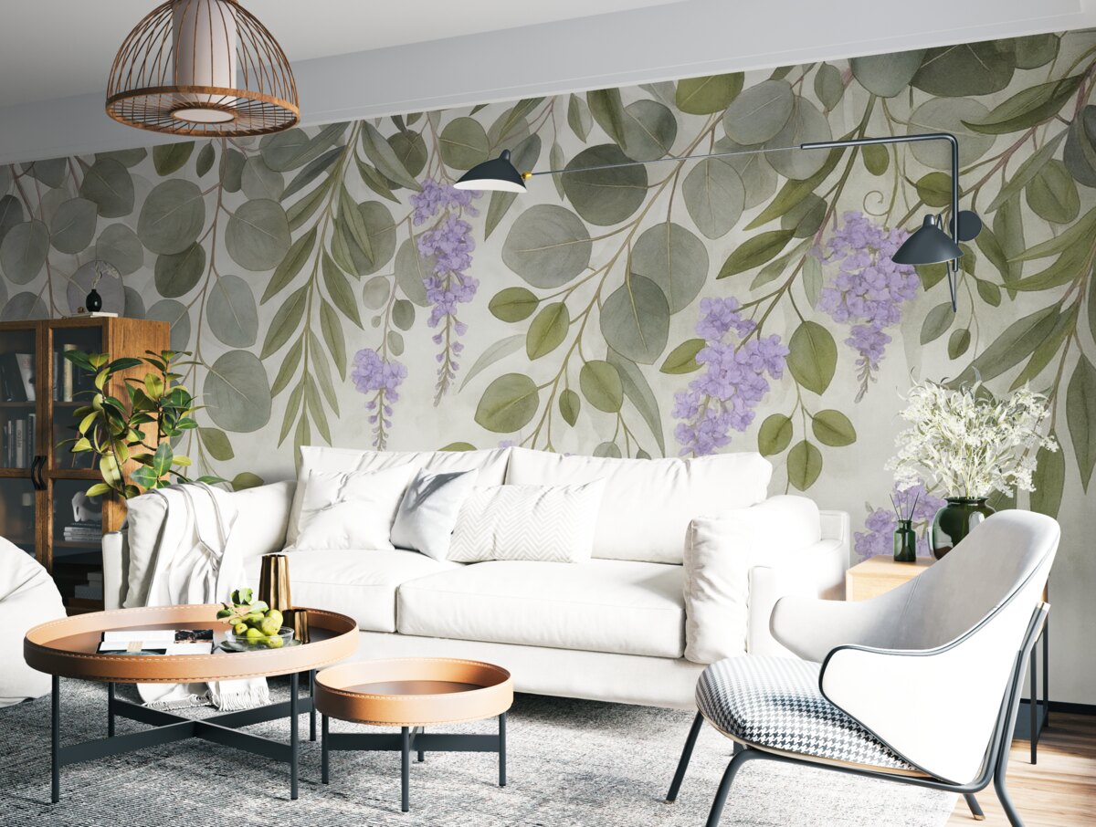 Fototapeta zielone liście oraz fioletowe kwiaty opadające z góry