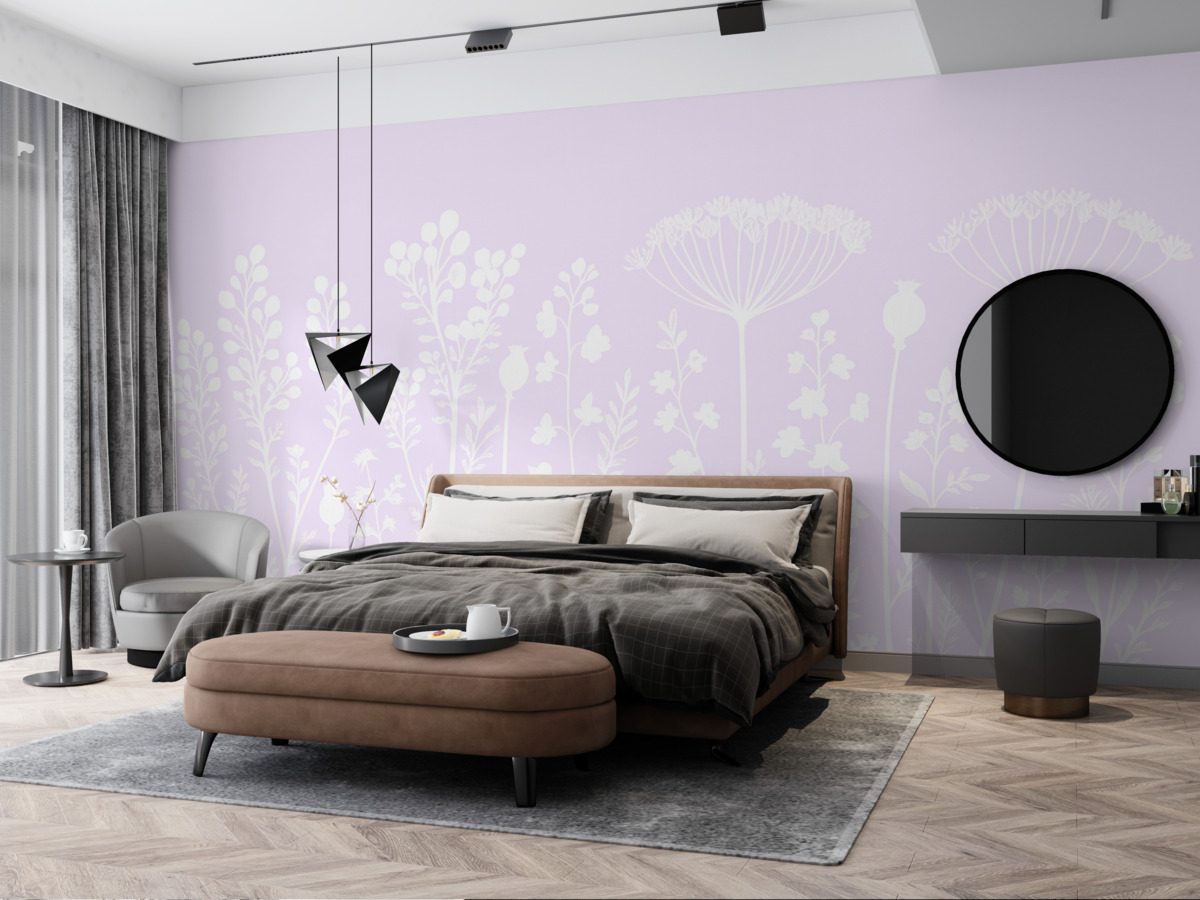 Fototapeta Białe kontury kwiatów na różowym tle.