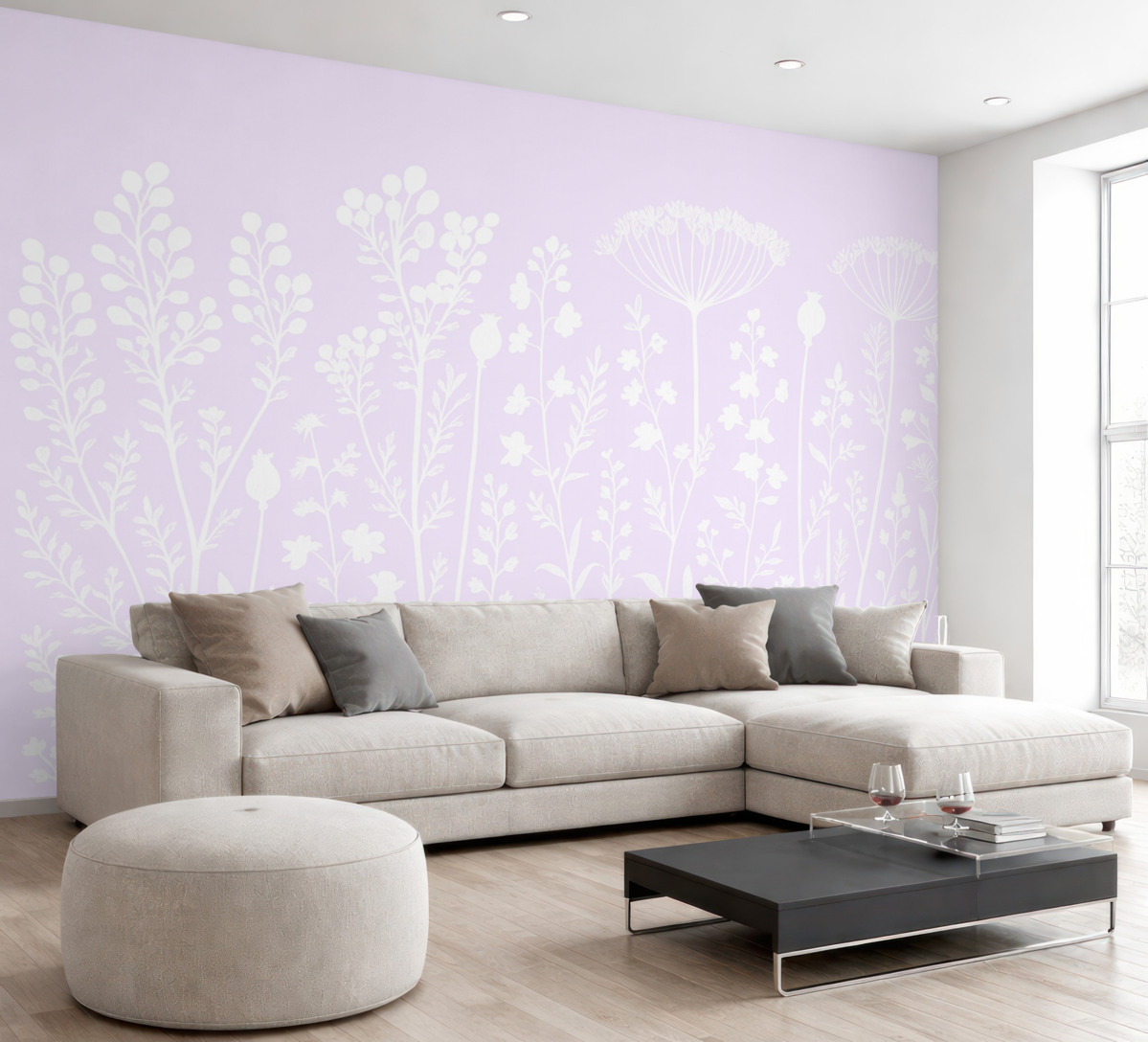 Fototapeta Białe kontury kwiatów na różowym tle.