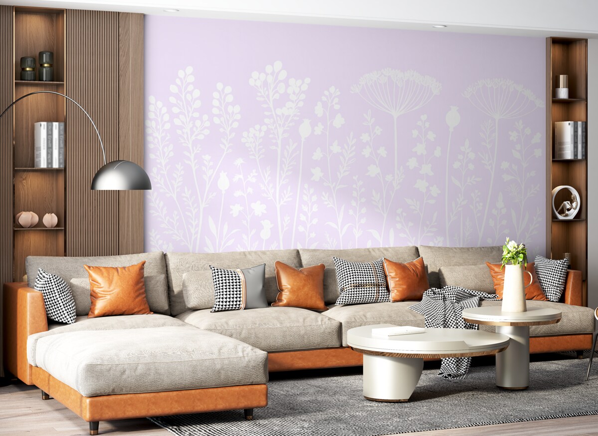 Fototapeta Białe kontury kwiatów na różowym tle.