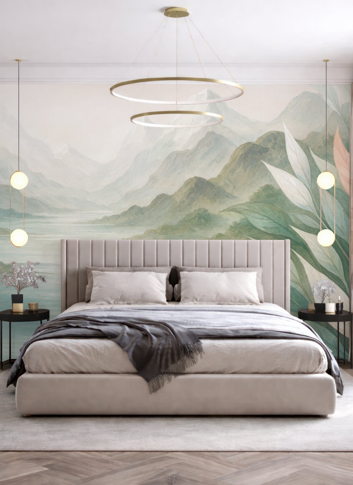 Fototapeta Jezioro w górach z nachylonymi stokami.