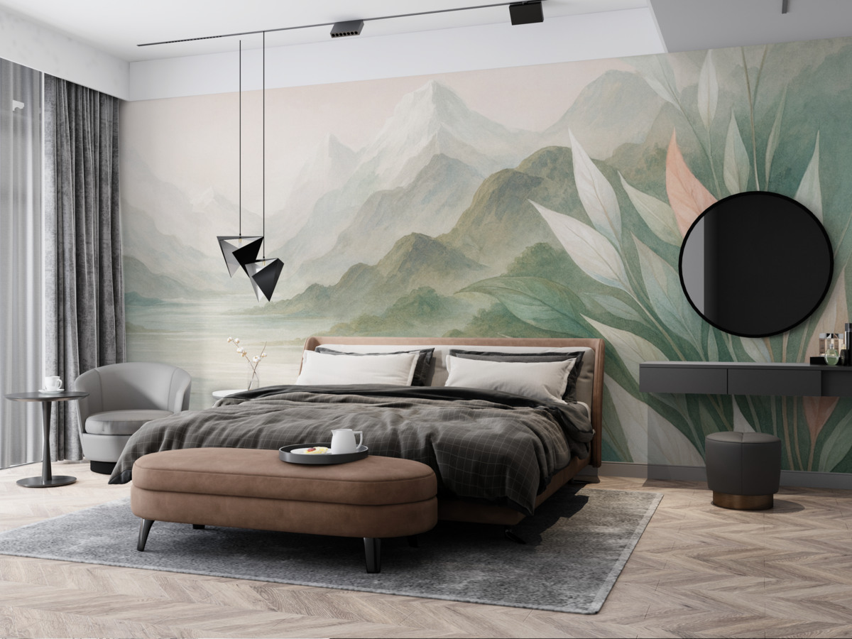 Fototapeta Jezioro w górach z nachylonymi stokami.