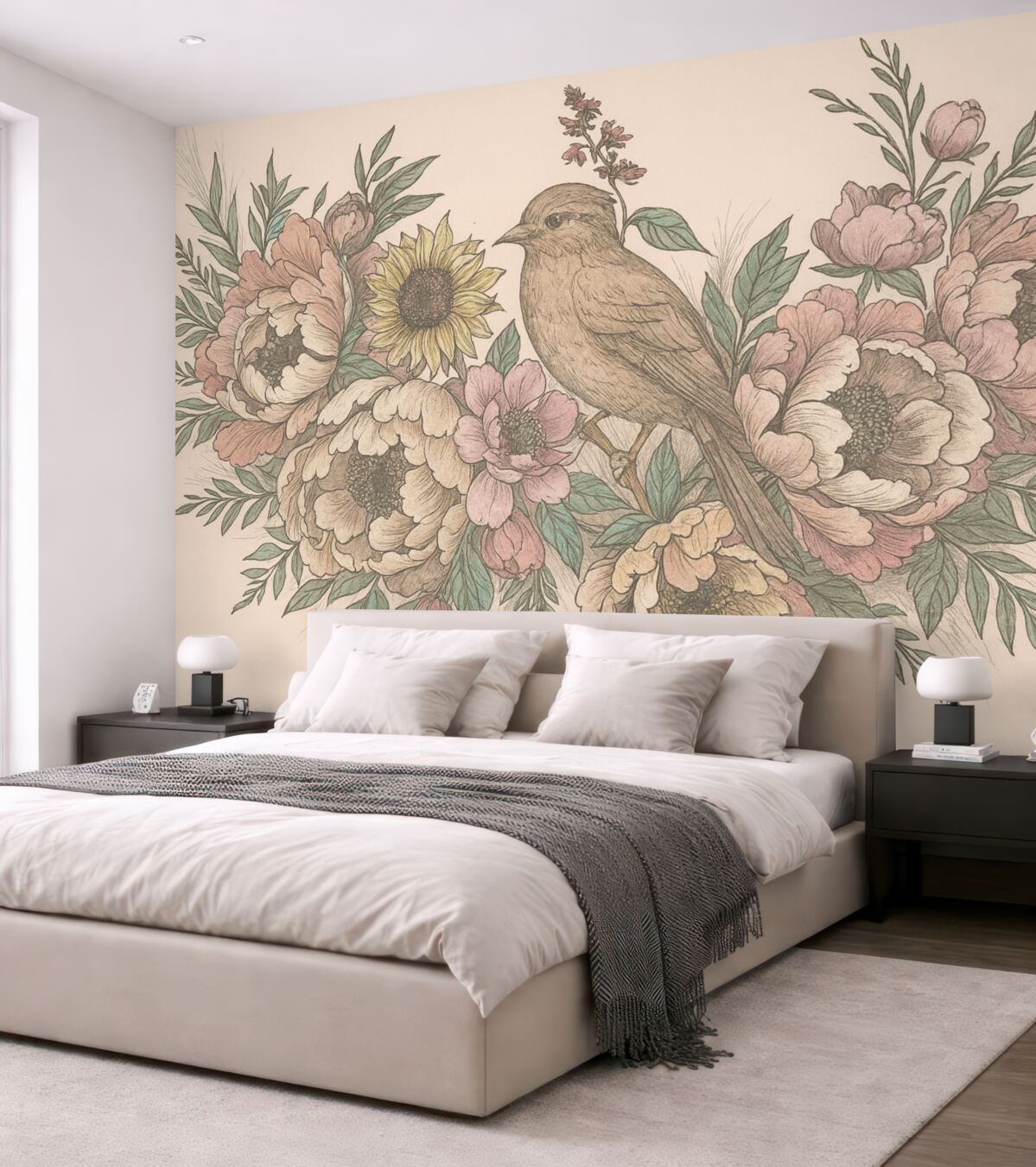 Fototapeta Ilustracje ptaków i roślin w stylu retro.