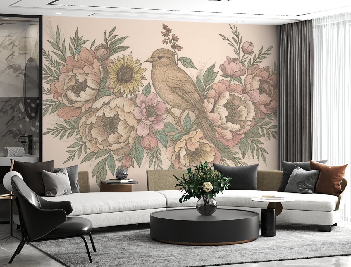 Fototapeta Ilustracje ptaków i roślin w stylu retro.