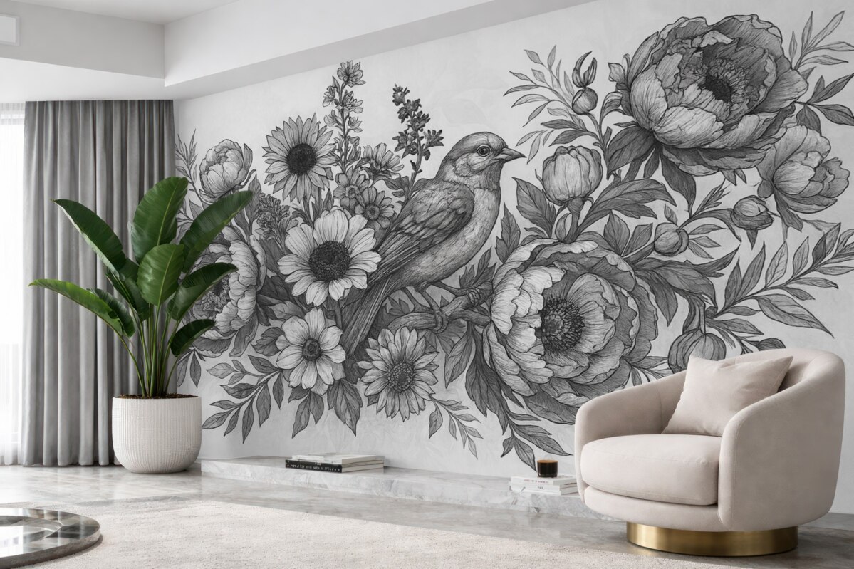 Fototapeta Jednokolorowa kompozycja z roślin i ptaków.