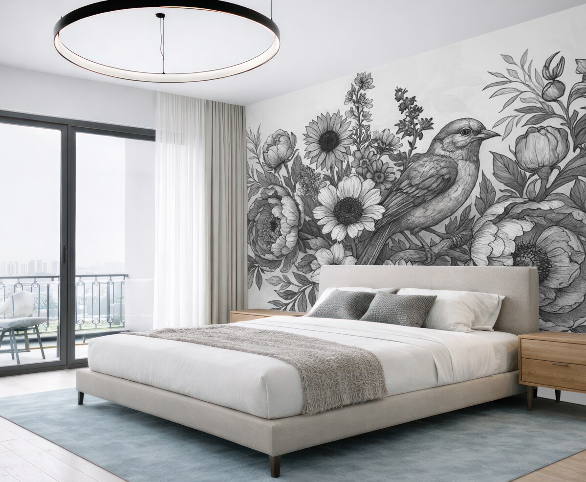 Fototapeta Jednokolorowa kompozycja z roślin i ptaków.