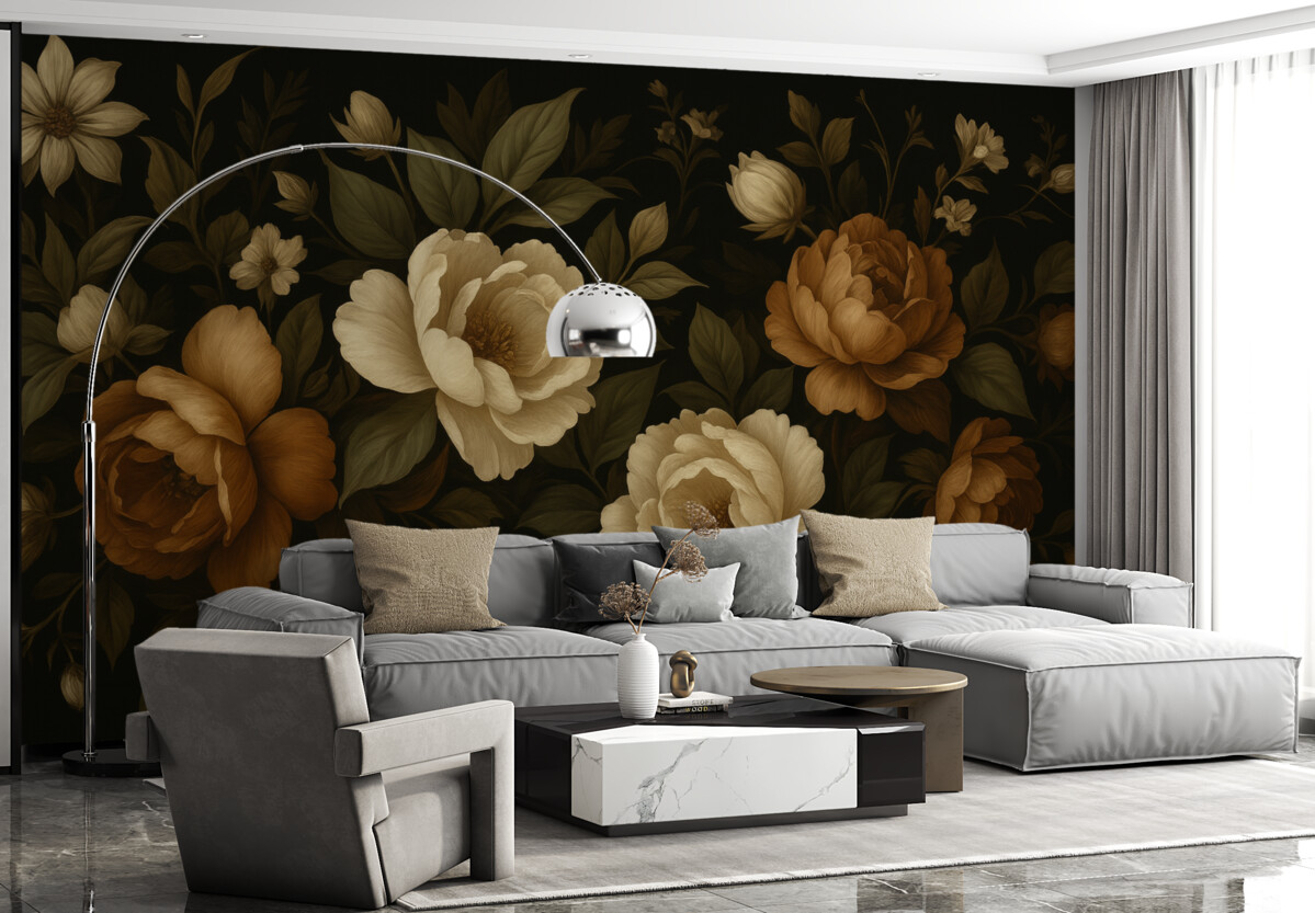 Fototapeta Różnorodne kwiaty na mrocznym tle.