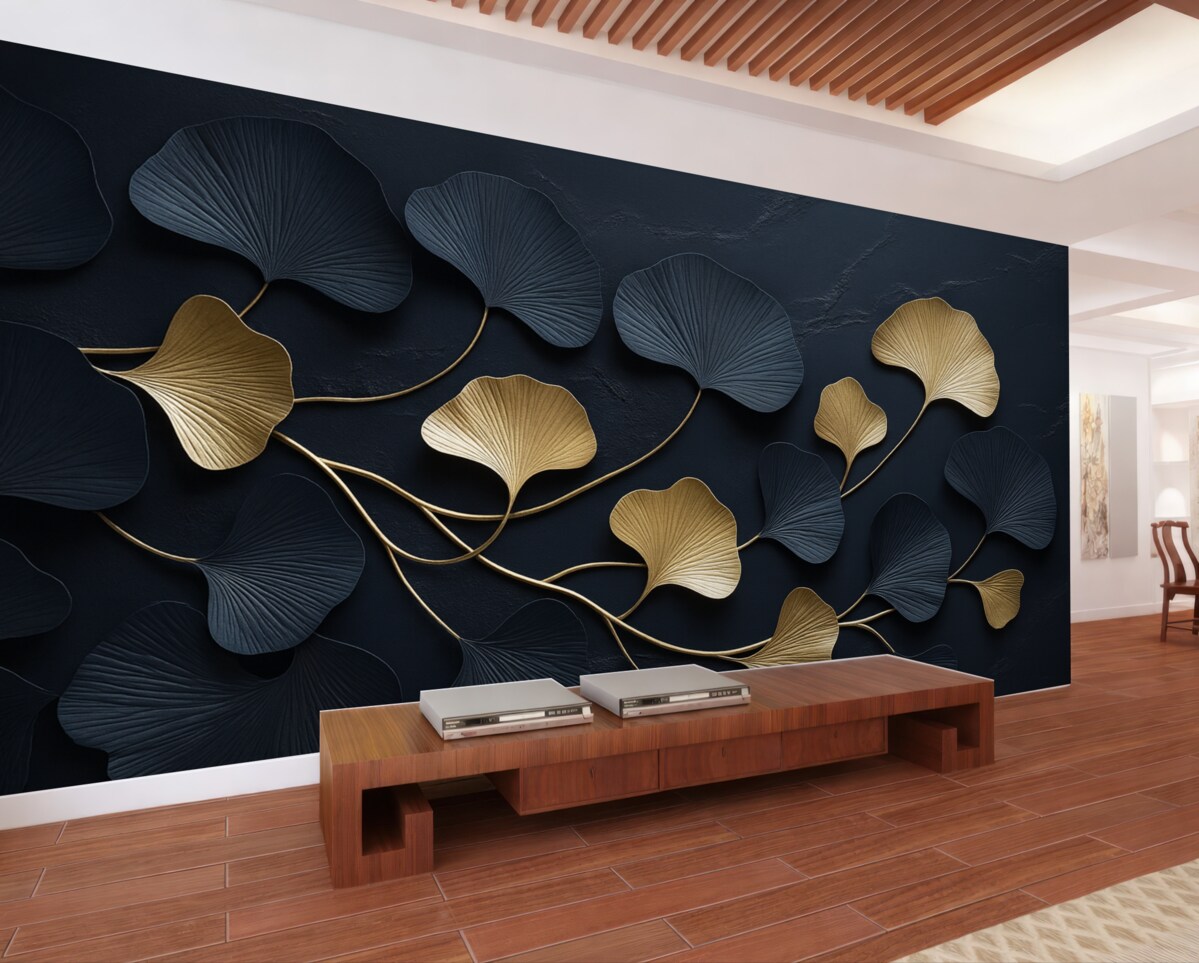 Fototapeta Wolumetryczna gałąź z liśćmi na betonie.