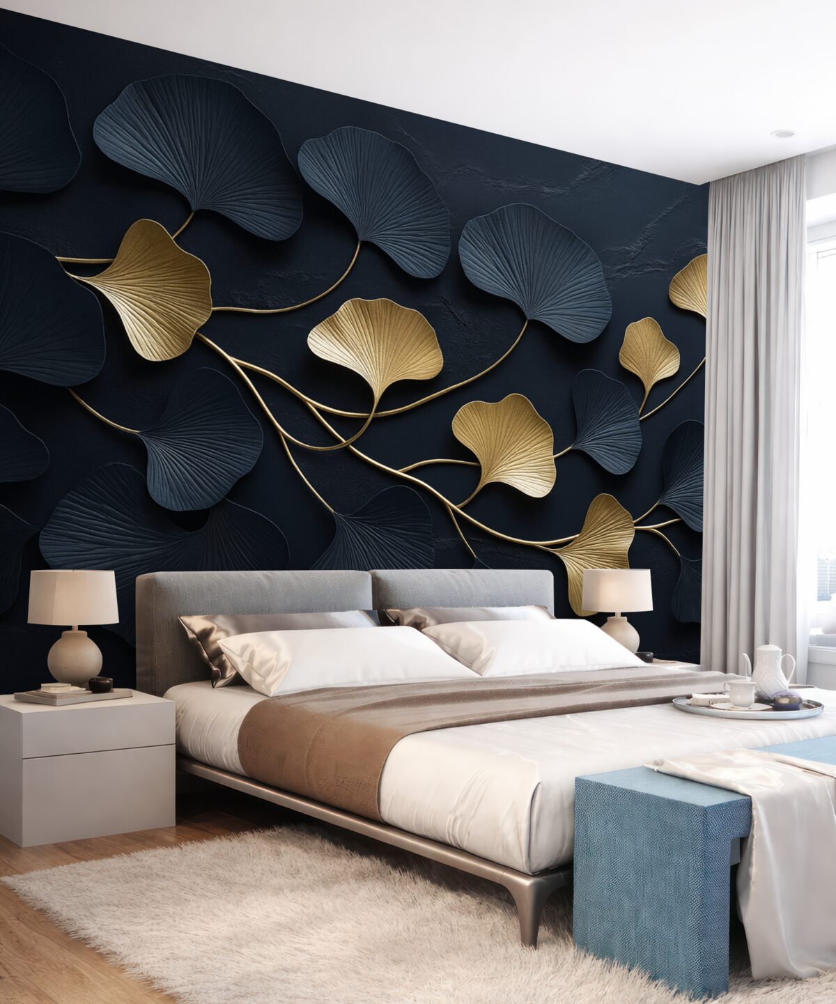 Fototapeta Wolumetryczna gałąź z liśćmi na betonie.