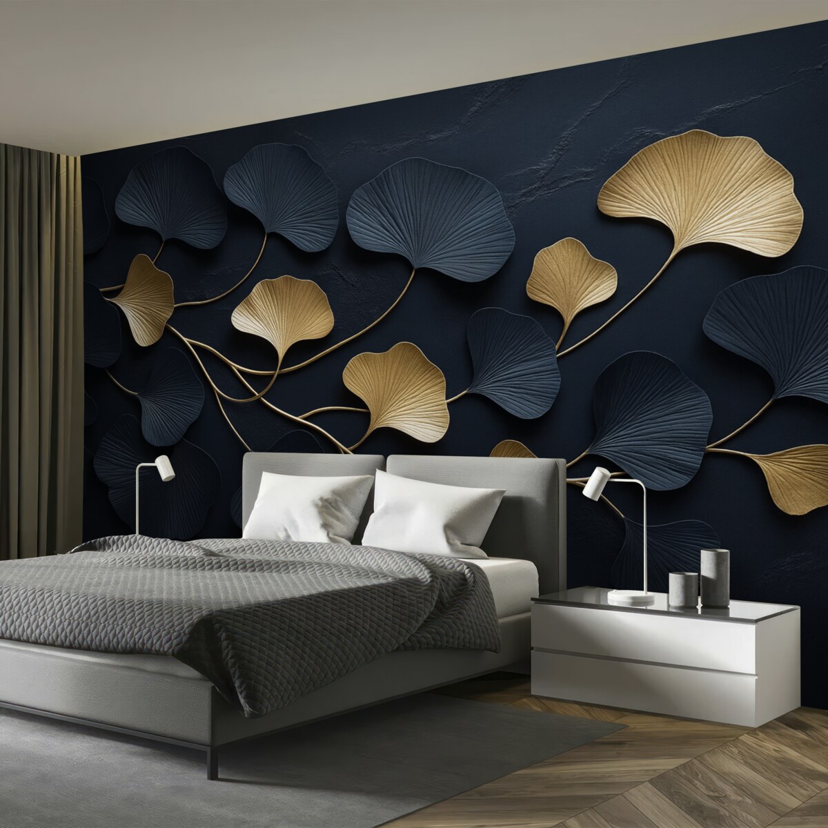 Fototapeta Wolumetryczna gałąź z liśćmi na betonie.