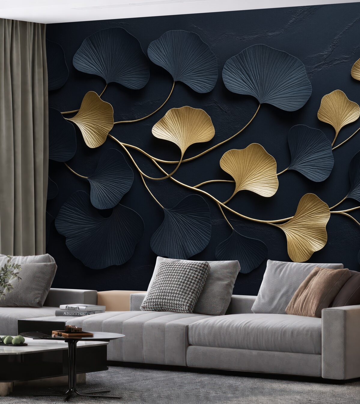 Fototapeta Wolumetryczna gałąź z liśćmi na betonie.