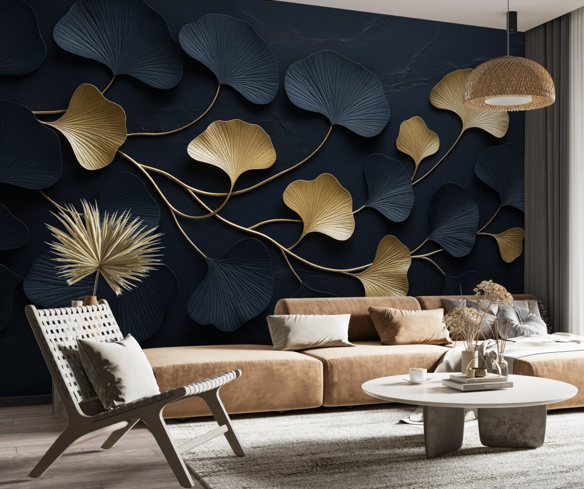 Fototapeta Wolumetryczna gałąź z liśćmi na betonie.