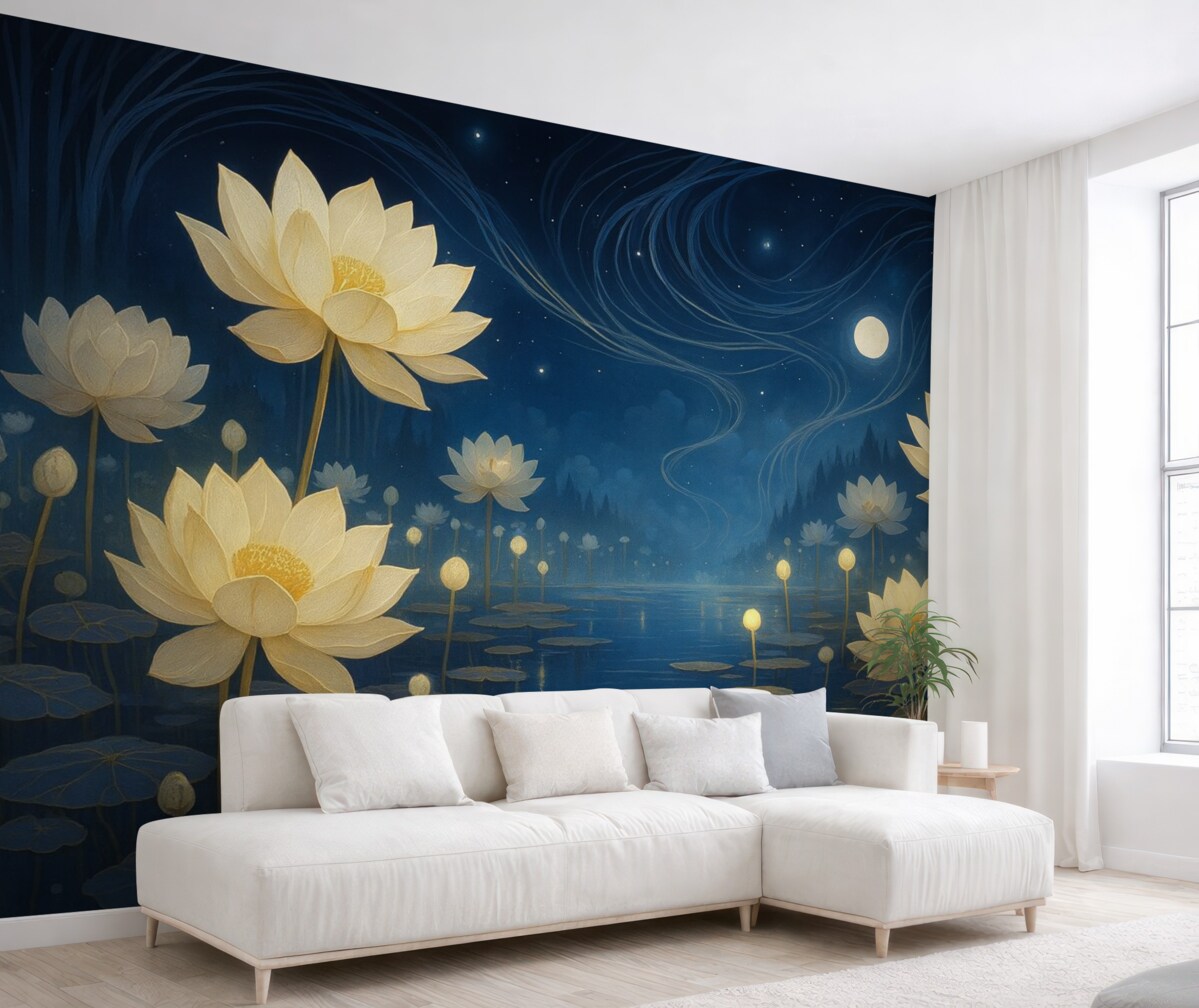 Fototapeta Obraz olejny przedstawiający lotosy w nocy.