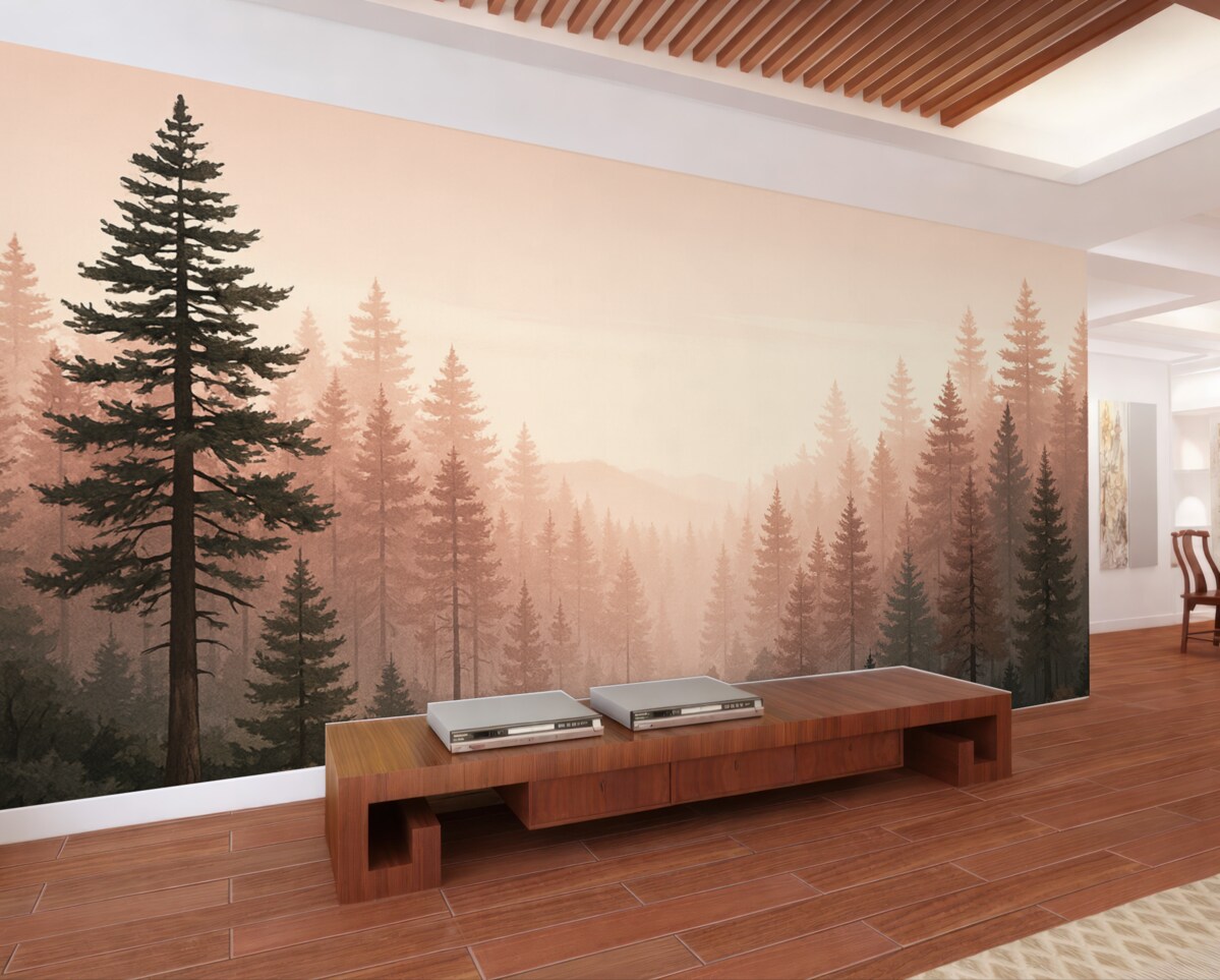 Fototapeta Poranny leśny pejzaż z wysokimi sosnami w ciepłych różowo-brązowych tonacjach, subtelna mgła kreująca radosną atmosferę.