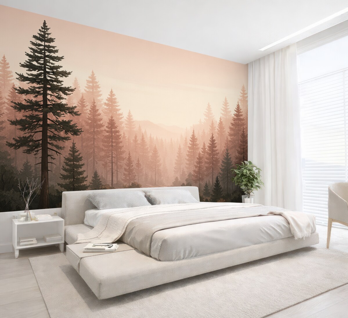 Fototapeta Poranny leśny pejzaż z wysokimi sosnami w ciepłych różowo-brązowych tonacjach, subtelna mgła kreująca radosną atmosferę.